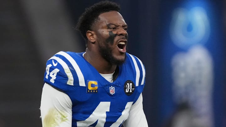 Nov 9, 2025; Berlin, Germany; Indianapolis Colts linebacker Zaire Franklin (44) reacts against the Atlanta Falcons during the NFL Berlin Game at Olympic Stadium. Mandatory Credit: Kirby Lee-Imagn Images Nov 9, 2025; Berlin, Germany; Indianapolis Colts linebacker Zaire Franklin (44) reacts against the Atlanta Falcons during the NFL Berlin Game at Olympic Stadium. Mandatory Credit: Kirby Lee-Imagn Images