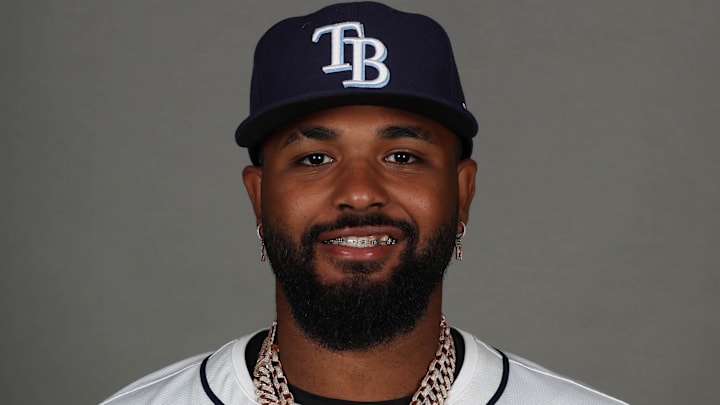 Feb 19, 2026; PortCharlotte, FL, USA; Tampa Bay Rays third baseman Junior Caminero (13) poses for a photo during media day.