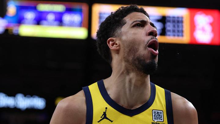 May 27, 2025; Indianapolis, Indiana, USA; Indiana Pacers guard Tyrese Haliburton (0) reacts after a turnover during the third quarter against the New York Knicks in game four of the eastern conference finals for the 2025 NBA Playoffs at Gainbridge Fieldhouse. Mandatory Credit: Trevor Ruszkowski-Imagn Images May 27, 2025; Indianapolis, Indiana, USA; Indiana Pacers guard Tyrese Haliburton (0) reacts after a turnover during the third quarter against the New York Knicks in game four of the eastern conference finals for the 2025 NBA Playoffs at Gainbridge Fieldhouse. Mandatory Credit: Trevor Ruszkowski-Imagn Images