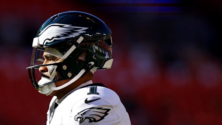 Dec 22, 2024; Landover, Maryland, USA; Philadelphia Eagles quarterback Jalen Hurts (1) warms up before playing against the Washington Commanders at Northwest Stadium. Mandatory Credit: Peter Casey-Imagn Images