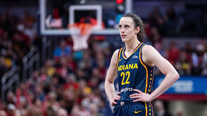 Jun 14, 2025; Indianapolis, Indiana, USA; Indiana Fever guard Caitlin Clark (22) in the second half against the New York Liberty at Gainbridge Fieldhouse. Mandatory Credit: Trevor Ruszkowski-Imagn Images