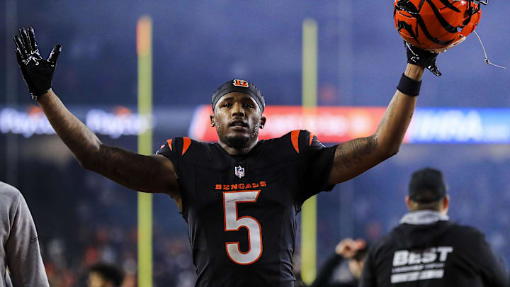 Dec 28, 2024; Cincinnati, Ohio, USA; Cincinnati Bengals wide receiver Tee Higgins (5) walks off the field after the victory over the Denver Broncos at Paycor Stadium. Mandatory Credit: Katie Stratman-Imagn Images