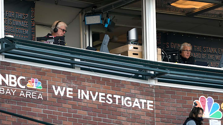 Aug 1, 2020; San Francisco, California, USA; NBC Sports Bay Area television announcers Mike Krukow (left) and Duane Kuiper call the game from different booths during the first inning of the game between the San Francisco Giants and the Texas Rangers at Oracle Park. Mandatory Credit: Darren Yamashita-Imagn Images Aug 1, 2020; San Francisco, California, USA; NBC Sports Bay Area television announcers Mike Krukow (left) and Duane Kuiper call the game from different booths during the first inning of the game between the San Francisco Giants and the Texas Rangers at Oracle Park. Mandatory Credit: Darren Yamashita-Imagn Images