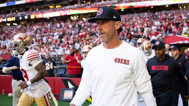 Jan 5, 2025; Glendale, Arizona, USA; San Francisco 49ers head coach Kyle Shanahan against the Arizona Cardinals at State Farm Stadium. Mandatory Credit: Mark J. Rebilas-Imagn Images