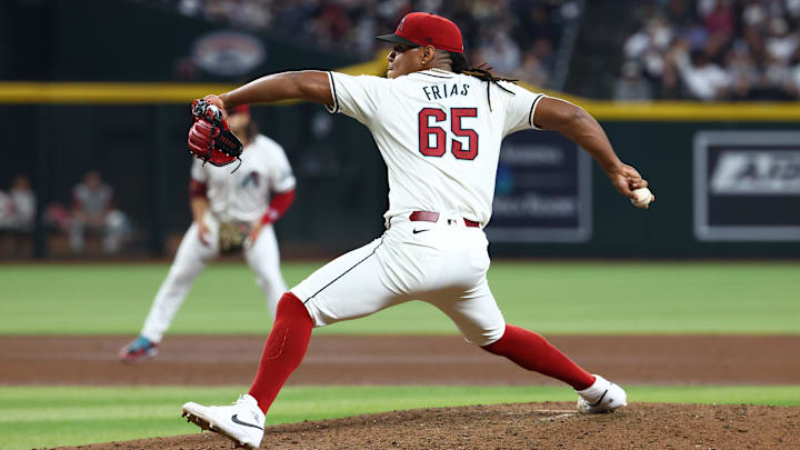 Apr 1, 2024; Phoenix, Arizona, USA; Arizona Diamondbacks pitcher Luis Frias against the New York Yankees at Chase Field. Mandatory Credit: Mark J. Rebilas-Imagn Images
Apr 1, 2024; Phoenix, Arizona, USA; Arizona Diamondbacks pitcher Luis Frias against the New York Yankees at Chase Field. Mandatory Credit: Mark J. Rebilas-Imagn Images
