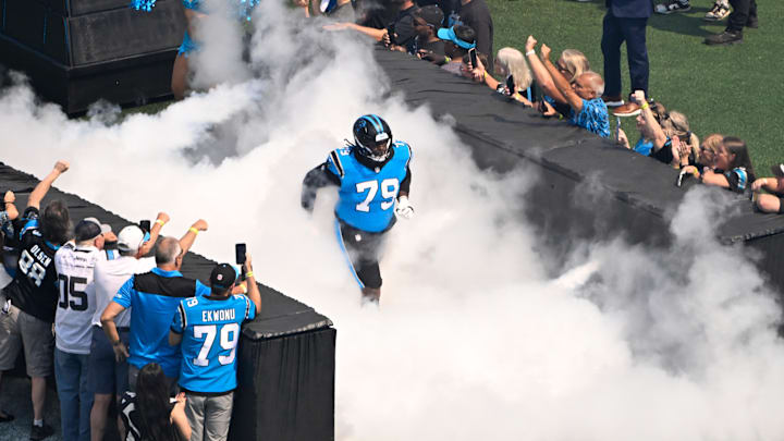 Carolina Panthers offensive tackle Ikem Ekwonu (79) runs on to the field before the game at Bank of America Stadium Carolina Panthers offensive tackle Ikem Ekwonu (79) runs on to the field before the game at Bank of America Stadium
