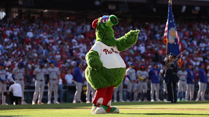 Philadelphia, PA, USA; Philadelphia Phillies mascot the Phillie Phanatic performs before Game 1 of the NLDS in the 2024 MLB Playoffs against the New York Mets at Citizens Bank Park.