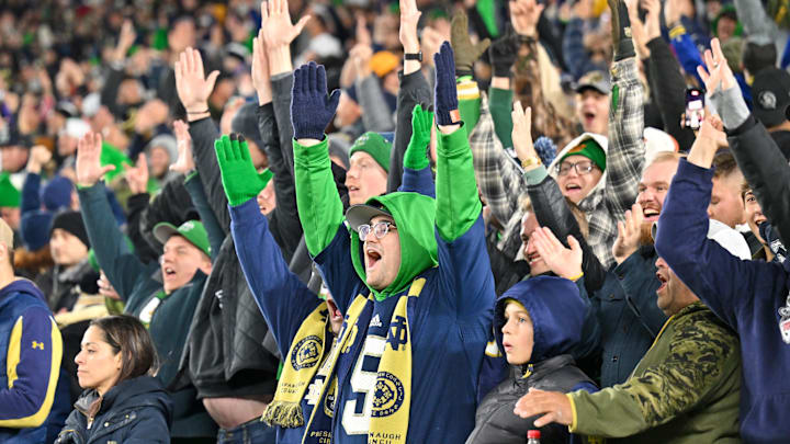 Nov 9, 2024; South Bend, Indiana, USA; Notre Dame fans react after a review was ruled a touchdown in the second quarter of a game between the Notre Dame Fighting Irish and the Florida State Seminoles at Notre Dame Stadium. Mandatory Credit: Matt Cashore-Imagn Images Nov 9, 2024; South Bend, Indiana, USA; Notre Dame fans react after a review was ruled a touchdown in the second quarter of a game between the Notre Dame Fighting Irish and the Florida State Seminoles at Notre Dame Stadium. Mandatory Credit: Matt Cashore-Imagn Images