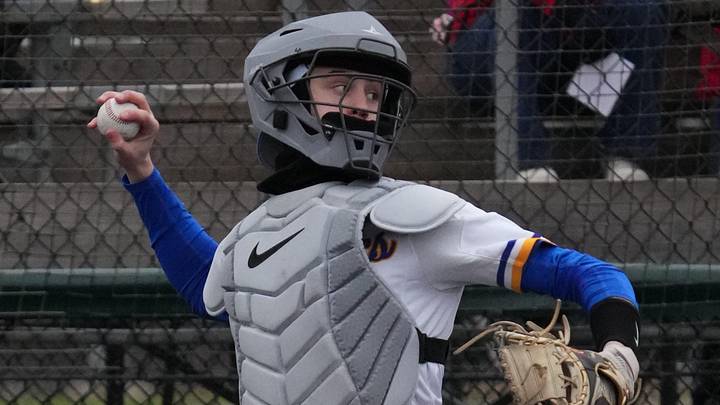Germantown catcher Grady Cheever (3) takes aim on second during the first game of a Greater Metro Conference doubleheader versus Brookfield East at The Rock Sports Complex on April 4, 2025. Germantown catcher Grady Cheever (3) takes aim on second during the first game of a Greater Metro Conference doubleheader versus Brookfield East at The Rock Sports Complex on April 4, 2025.