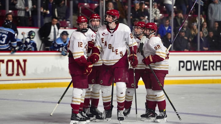 Members of the Boston College men's hockey team during its game with Maine at Conte Forum on Nov. 21, 2025. Photo Credit: Boston College Eagles On SI / John Sexton