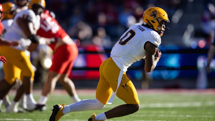 Nov 30, 2024; Tucson, Arizona, USA; Arizona State Sun Devils wide receiver Jordyn Tyson (0) against the Arizona Wildcats during the Territorial Cup at Arizona Stadium. Mandatory Credit: Mark J. Rebilas-Imagn Images