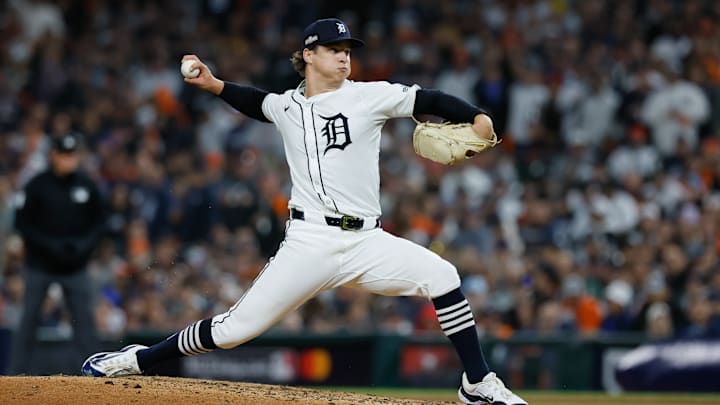 Detroit Tigers pitcher Jackson Jobe delivers a pitch against the Cleveland Guardians in Game 4 of the ALDS.