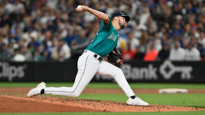 Seattle Mariners reliever Matt Brash throws against the Los Angeles Dodgers on Sept. 16, 2023, at T-Mobile Park. Seattle Mariners reliever Matt Brash throws against the Los Angeles Dodgers on Sept. 16, 2023, at T-Mobile Park.