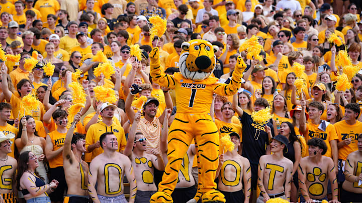 Sep 14, 2024; Columbia, Missouri, USA; The Missouri Tigers mascot Truman performs against the Boston College Eagles during the first half at Faurot Field at Memorial Stadium. Mandatory Credit: Denny Medley-Imagn Images