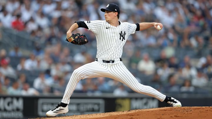 Bronx, New York, USA; New York Yankees starting pitcher Max Fried (54) pitches against the Cleveland Guardians during the second inning at Yankee Stadium.