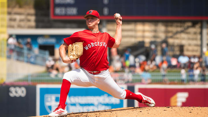 Kyle Harrison gets ready to toss a pitch for Triple-A Worcester during a game at Polar Park on Aug. 7, 2025.