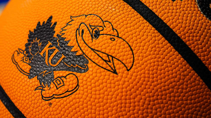 Nov 10, 2022; Lawrence, Kansas, USA; A detailed view of the Kansas Jayhawks logo on a basketball prior to a game against the North Dakota State Bison at Allen Fieldhouse. Mandatory Credit: Jay Biggerstaff-Imagn Images Nov 10, 2022; Lawrence, Kansas, USA; A detailed view of the Kansas Jayhawks logo on a basketball prior to a game against the North Dakota State Bison at Allen Fieldhouse. Mandatory Credit: Jay Biggerstaff-Imagn Images
