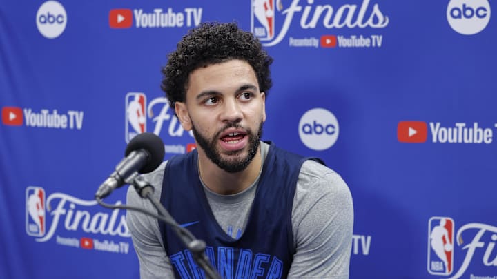 Jun 4, 2025; Oklahoma City, OK, USA; Oklahoma City Thunder guard Ajay Mitchell (25) during NBA Finals Media Day at Paycom Center. Mandatory Credit: Alonzo Adams-Imagn Images