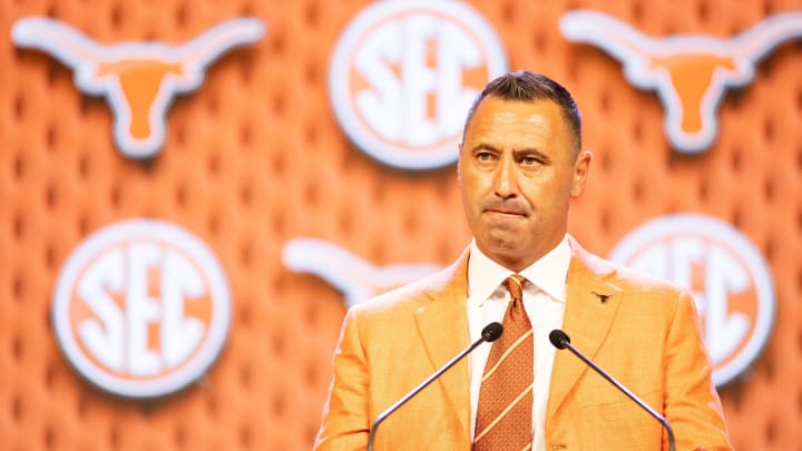 Jul 17, 2024; Dallas, TX, USA; Texas head coach Steve Sarkisian speaking at Omni Dallas Hotel. Mandatory Credit: Brett Patzke-USA TODAY Sports
