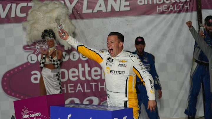 AJ Allmendinger scored an emotional win in Saturday night's NASCAR Xfinity Series Ambetter Health 302 at Las Vegas Motor Speedway to advance to the Championship 4 of the Playoffs.