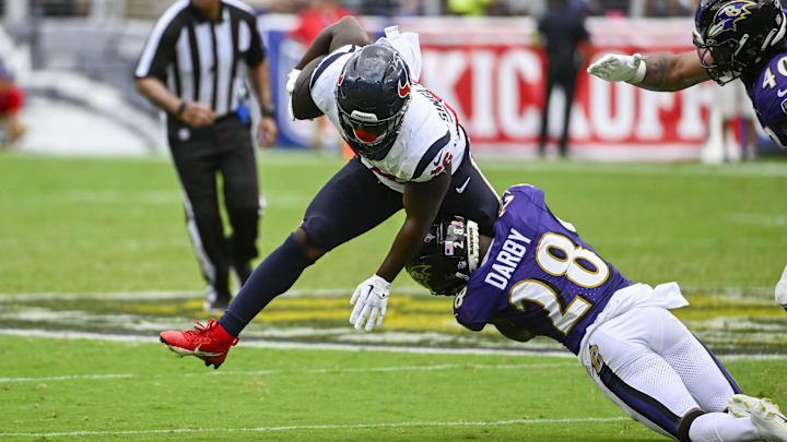 Sep 10, 2023; Baltimore, Maryland, USA; Baltimore Ravens cornerback Ronald Darby (28) tackles