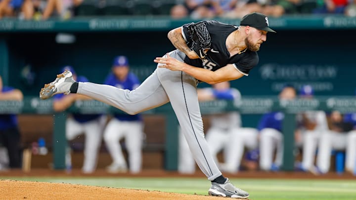 Jul 23, 2024; Arlington, Texas, USA; Chicago White Sox pitcher Garrett Crochet (45) throws during the second inning against the Texas Rangers at Globe Life Field. 