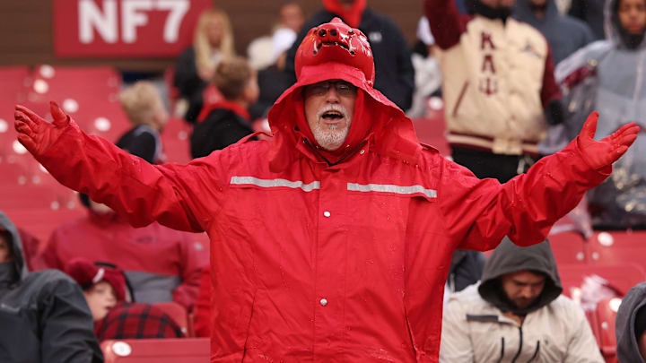 Arkansas Razorbacks fan reacts to a call during the second quarter against the Missouri Tigers at Donald W. Reynolds Razorback Stadium.