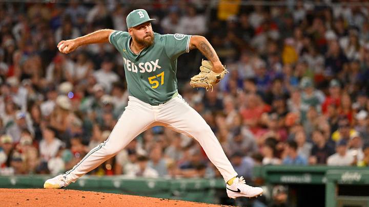 Jul 24, 2026; Boston, Massachusetts, USA; Boston Red Sox pitcher Greg Weissert (57) pitches against the Toronto Blue Jays during the seventh inning at Fenway Park. Mandatory Credit: Eric Canha-Imagn Images Jul 24, 2026; Boston, Massachusetts, USA; Boston Red Sox pitcher Greg Weissert (57) pitches against the Toronto Blue Jays during the seventh inning at Fenway Park. Mandatory Credit: Eric Canha-Imagn Images
