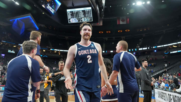 Mar 23, 2023; Las Vegas, NV, USA; Gonzaga Bulldogs forward Drew Timme (2) celebrates after their win against the UCLA Bruins at T-Mobile Arena. Mandatory Credit: Joe Camporeale-USA TODAY Sports Mar 23, 2023; Las Vegas, NV, USA; Gonzaga Bulldogs forward Drew Timme (2) celebrates after their win against the UCLA Bruins at T-Mobile Arena. Mandatory Credit: Joe Camporeale-USA TODAY Sports