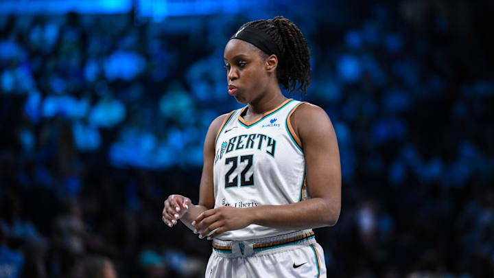 Jul 6, 2025; Brooklyn, New York, USA; New York Liberty forward Kennedy Burke (22) during the second half against the Seattle Storm at Barclays Center. Mandatory Credit: John Jones-Imagn Images