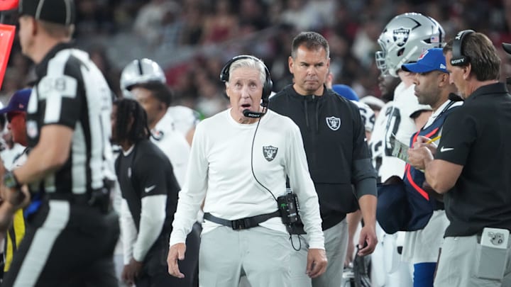 Aug 23, 2025; Glendale, Arizona, USA; Las Vegas Raiders head coach Pete Carroll looks on against the Arizona Cardinals during the first half at State Farm Stadium. Mandatory Credit: Joe Camporeale-Imagn Images