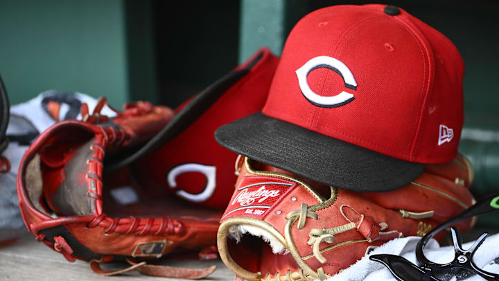 Jul 23, 2025; Washington, District of Columbia, USA; General view of Cincinnati Reds hat during the game against the Washington Nationals at Nationals Park. Mandatory Credit: Brad Mills-Imagn Images Jul 23, 2025; Washington, District of Columbia, USA; General view of Cincinnati Reds hat during the game against the Washington Nationals at Nationals Park. Mandatory Credit: Brad Mills-Imagn Images