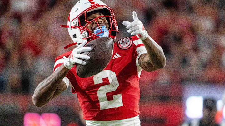 Nebraska wide receiver Jacory Barney Jr. celebrates after a third-quarter catch against Akron.