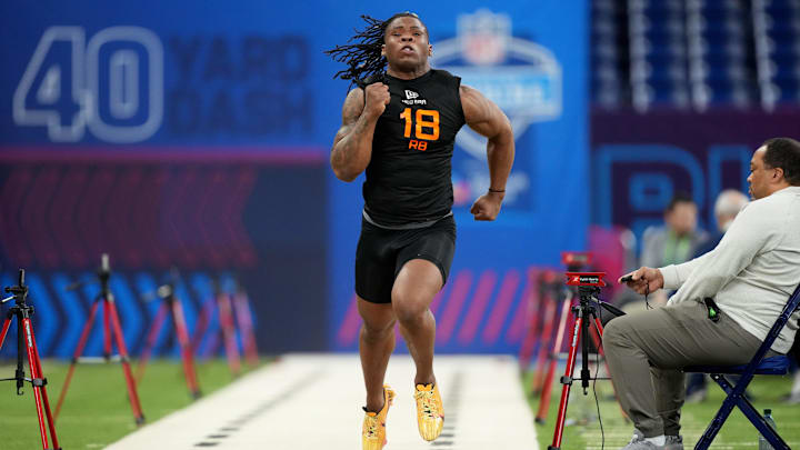 Ohio State running back Quinshon Judkins during the 2025 NFL Combine at Lucas Oil Stadium.