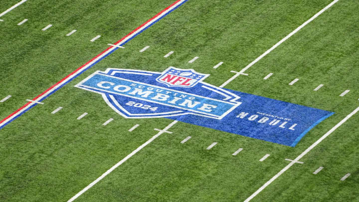 Feb 28, 2024; Indianapolis, IN, USA; The 2024 NFL Scouting Combine logo on the field at Lucas Oil Stadium. Mandatory Credit: Kirby Lee-Imagn Images