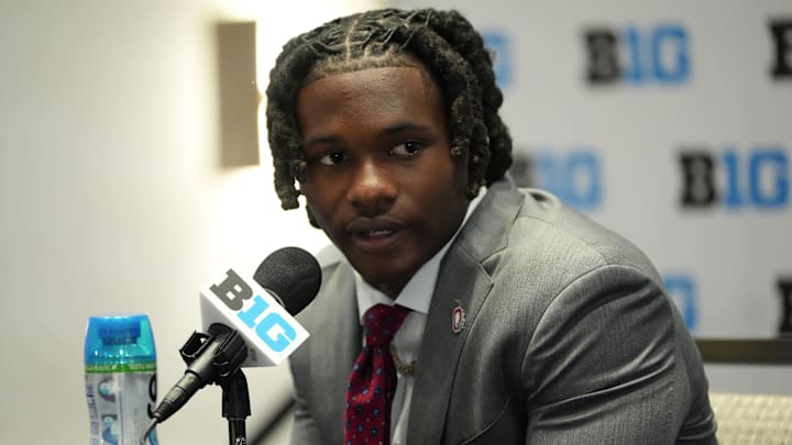 Jul 22, 2025; Las Vegas, NV, USA; Ohio State wide receiver Jeremiah Smith speaks to the media during the Big Ten NCAA college football media days at Mandalay Bay Resort. Mandatory Credit: Lucas Peltier-Imagn Images