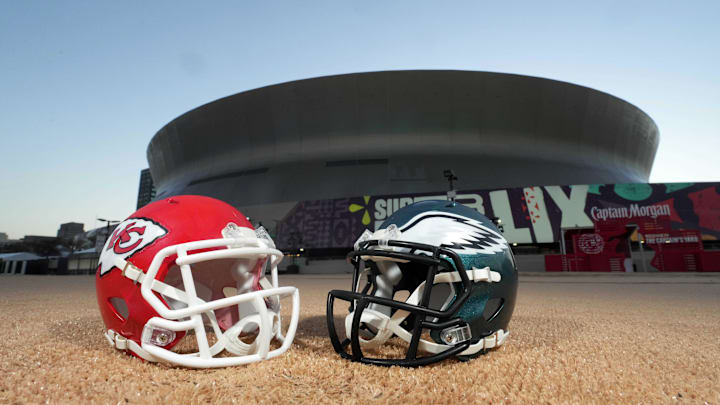 Feb 7, 2025; New Orleans, LA, USA; A general overall view of Kansas City Chiefs and Philadelphia Eagles helmets at the Caesars Superdome, the site of the Super Bowl LIX between the Kansas City Chiefs and the Philadelphia Eagles. Mandatory Credit: Kirby Lee-Imagn Images