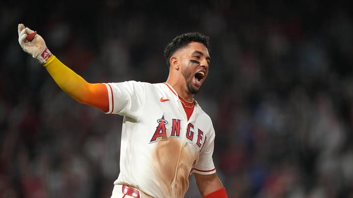 May 2, 2026; Anaheim, California, USA; Los Angeles Angels second baseman Oswald Peraza (2) celebrates after hitting a walk-off single in the 10th inning against the New York Mets at Angel Stadium. Mandatory Credit: Kirby Lee-Imagn Images