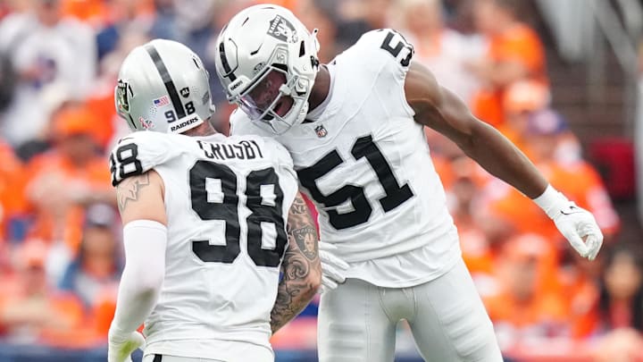 Sep 10, 2023; Denver, Colorado, USA; Las Vegas Raiders defensive end Malcolm Koonce (51) celebrates a sack with defensive end Maxx Crosby (98) against the Denver Broncos in the second quarter at Empower Field at Mile High. Mandatory Credit: Ron Chenoy-Imagn Images
