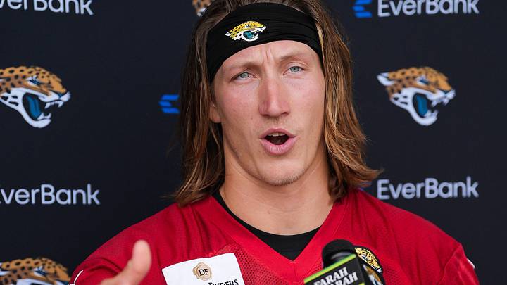 Jacksonville Jaguars quarterback Trevor Lawrence (16) talks with the media after the Jaguars final Organized Team Activity on Monday, June 15, 2026 at the Miller Electric Center in Jacksonville, Fla.