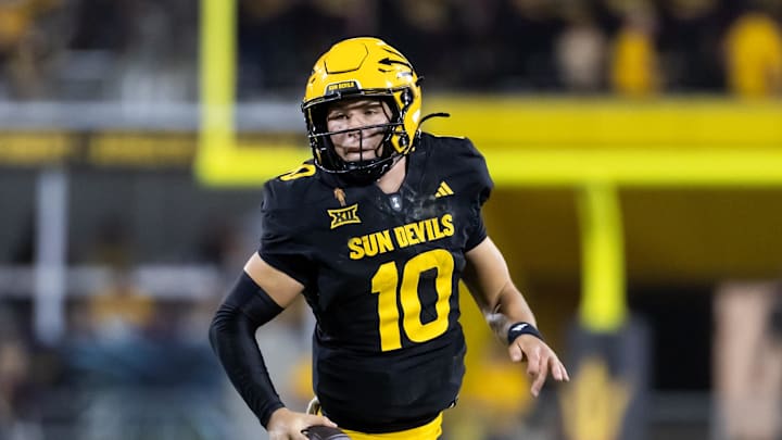 Arizona State Sun Devils quarterback Sam Leavitt (10) against the Houston Cougars at Mountain America Stadium. Mandatory Credit: Mark J. Rebilas-Imagn Images