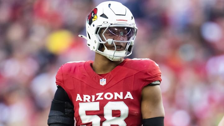 Jan 5, 2025; Glendale, Arizona, USA; Arizona Cardinals linebacker Julian Okwara (58) against the San Francisco 49ers at State Farm Stadium. Mandatory Credit: Mark J. Rebilas-Imagn Images