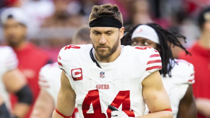Jan 5, 2025; Glendale, Arizona, USA; San Francisco 49ers fullback Kyle Juszczyk (44) against the Arizona Cardinals at State Farm Stadium. Mandatory Credit: Mark J. Rebilas-Imagn Images