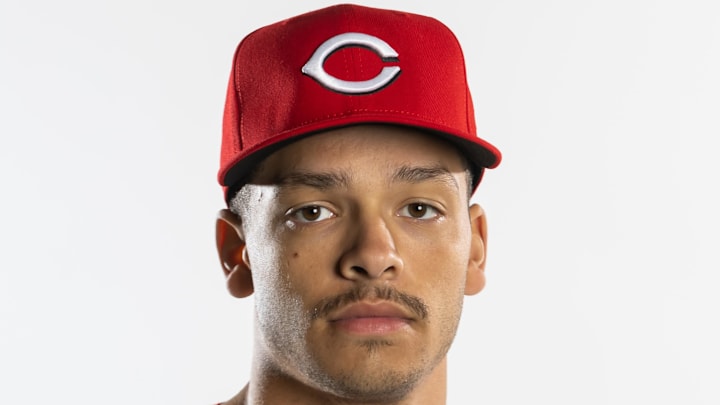Feb 18, 2025; Goodyear, AZ, USA; Cincinnati Reds pitcher Chase Burns poses for a portrait during Media Day at the Cincinnati Reds Development Complex. Mandatory Credit: Mark J. Rebilas-Imagn Images