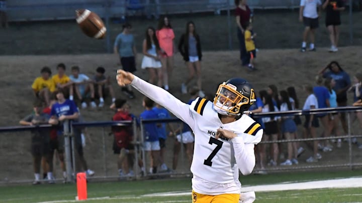 Quarterback Matt Ponatoski launches a touchdown strike for Moeller at RDI Stadium, Sept. 20, 2024.