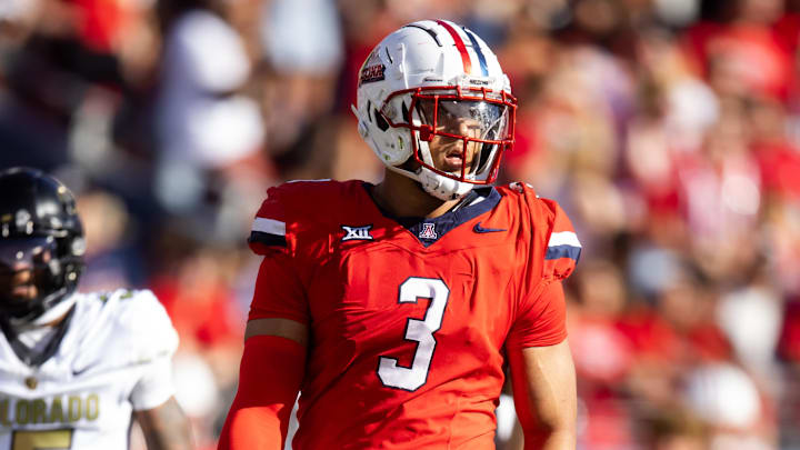 Oct 19, 2024; Tucson, Arizona, USA; Arizona Wildcats defensive lineman Tre Smith (3) against the Colorado Buffalos at Arizona Stadium. Mandatory Credit: Mark J. Rebilas-Imagn Images