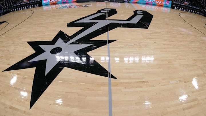 Dec 13, 2018; San Antonio, TX, USA; A general view of the San Antonio Spurs logo on the court prior to a game between the Spurs and the LA Clippers at AT&T Center. Mandatory Credit: Soobum Im-Imagn Images