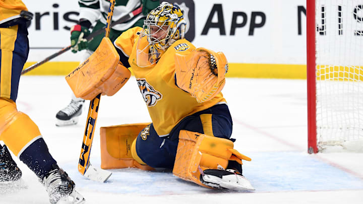 Feb 29, 2024; Nashville, Tennessee, USA; Nashville Predators goaltender Juuse Saros (74) makes a