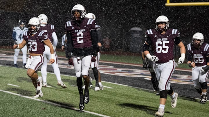 Nov 22, 2024; Ramsey, NJ, USA; St. Augustine Prep at Don Bosco Prep in the NJSIAA Non-Public A football semifinals. DB #2 Isaiah Alvarez celebrates after scoring a touchdown in the first quarter.