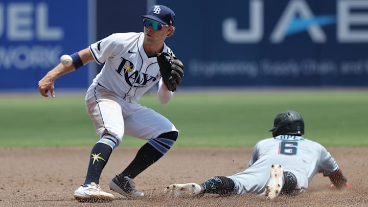 Jun 8, 2025; St. Petersburg, Florida, USA; Miami Marlins infielder Otto Lopez (6) slides safe into second base as Tampa Bay Rays shortstop Taylor Walls (6) attempted to tag him out during the third inning at George M. Steinbrenner Field. Jun 8, 2025; St. Petersburg, Florida, USA; Miami Marlins infielder Otto Lopez (6) slides safe into second base as Tampa Bay Rays shortstop Taylor Walls (6) attempted to tag him out during the third inning at George M. Steinbrenner Field.